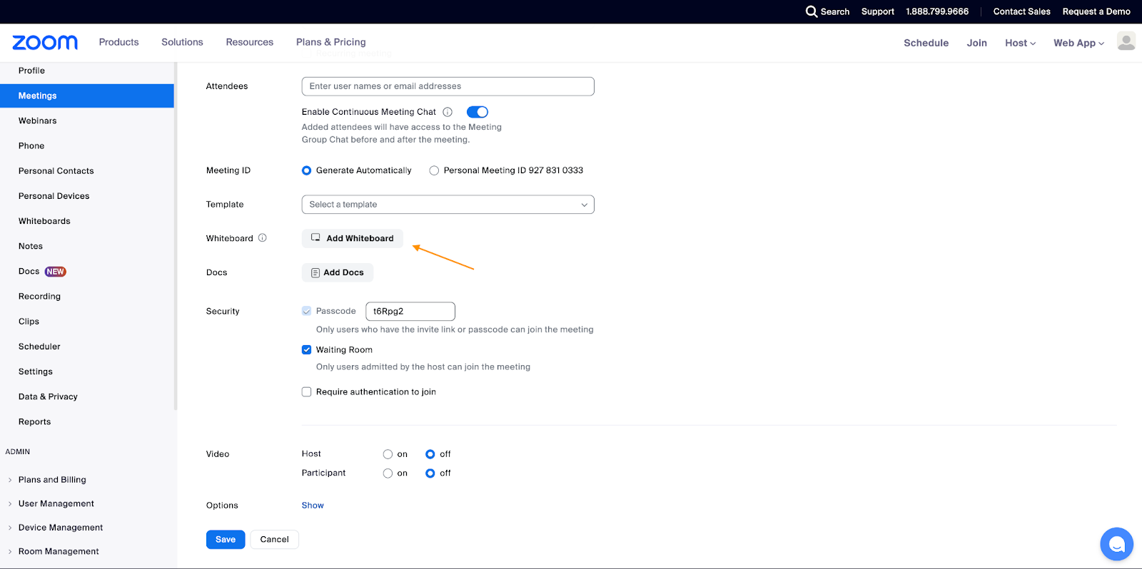 Screenshot of setting up a new meeting in Zoom, with the Add Whiteboard button highlighted