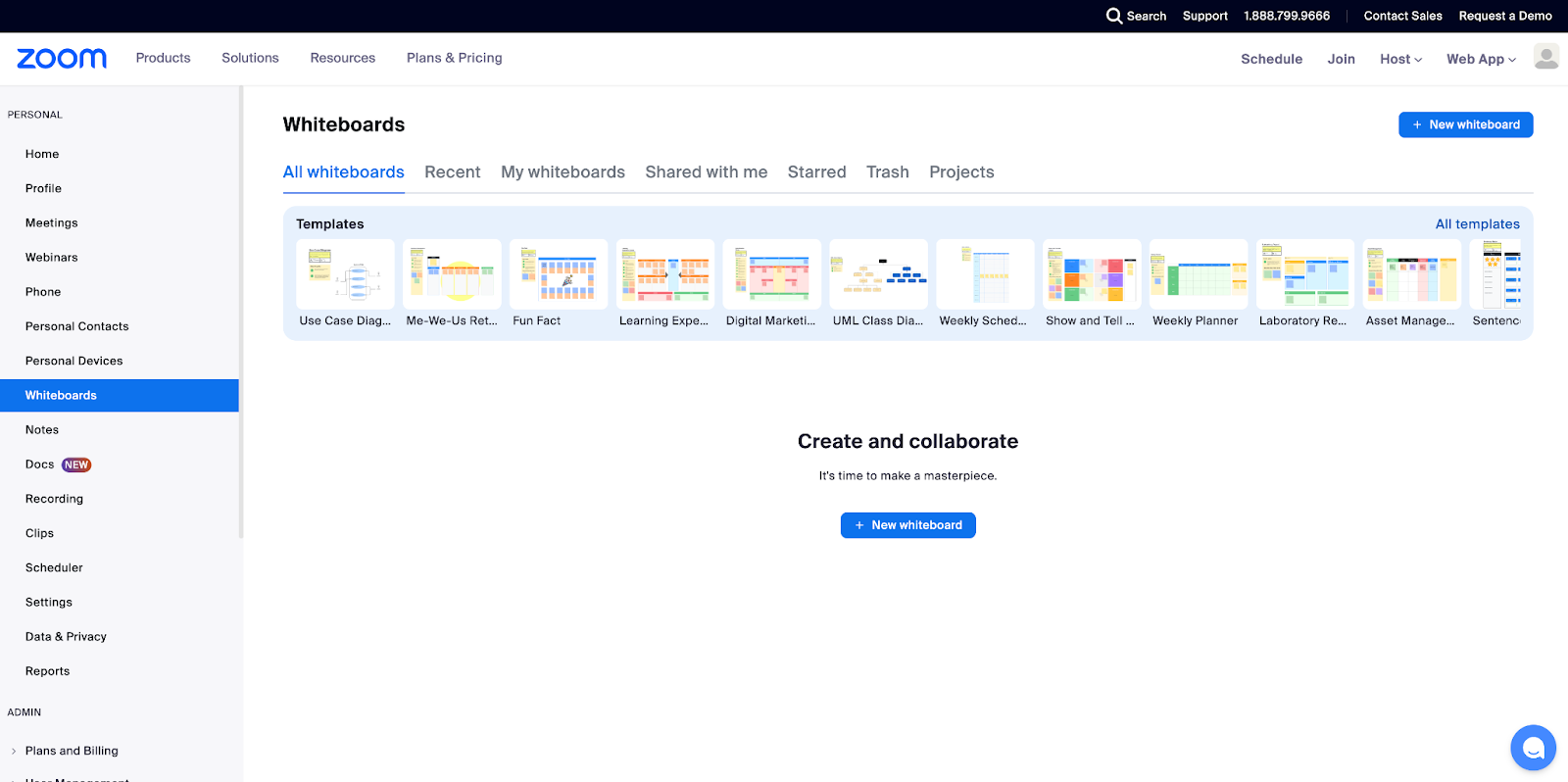 Screenshot of the whiteboard template options in Zoom