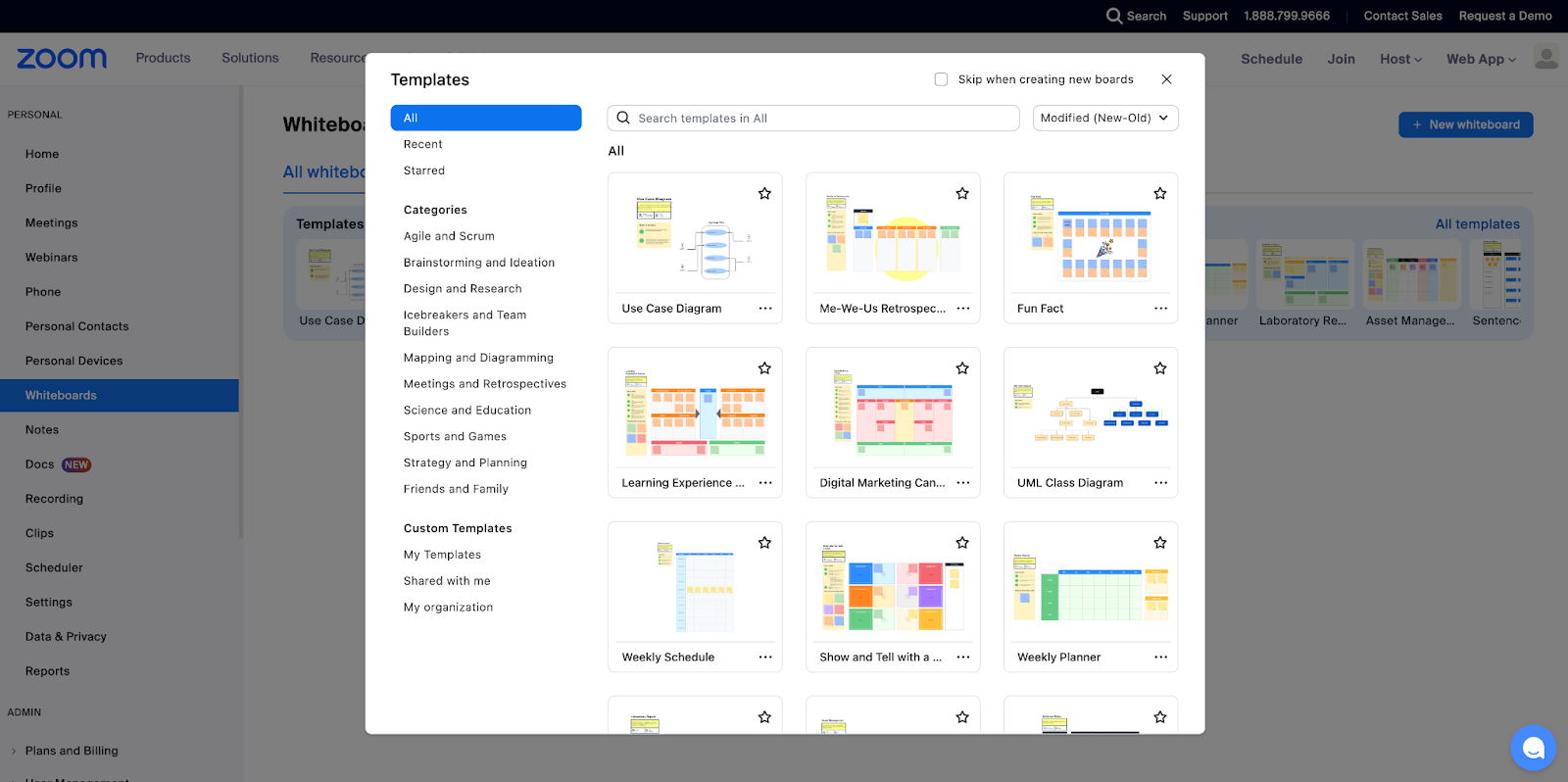Screenshot of the categories of whiteboard templates in Zoom