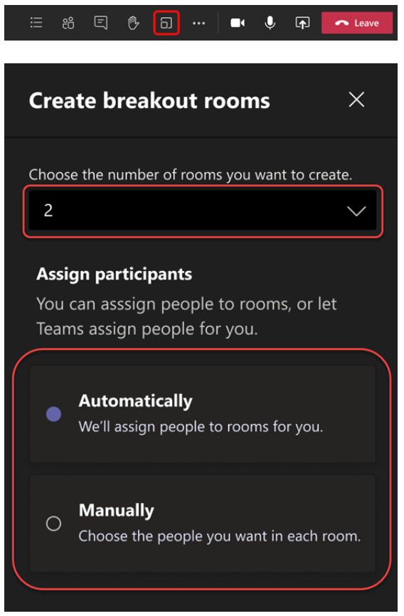 Screenshot of the Create breakout rooms screen in Microsoft Teams