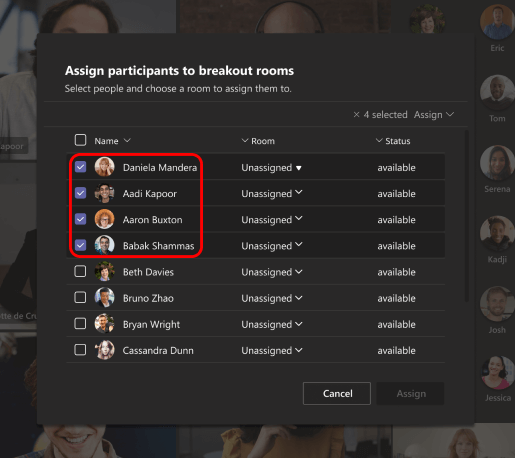 Screenshot of adding breakout room participants in Microsoft Teams from a list of meeting attendees