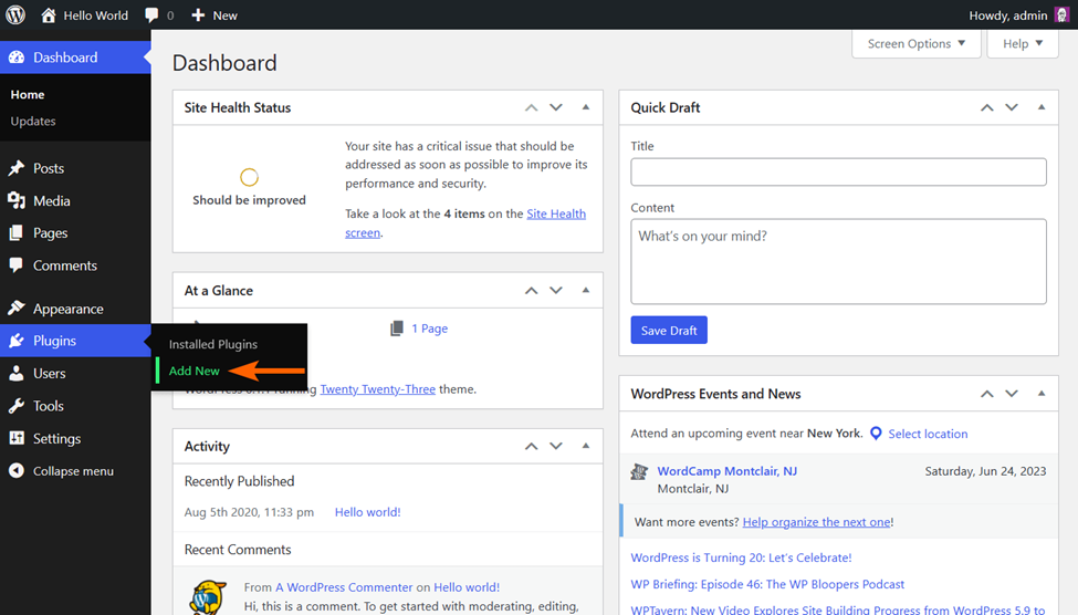 Screenshot of the WordPress Dashboard Clicking on Plugins and then Add New