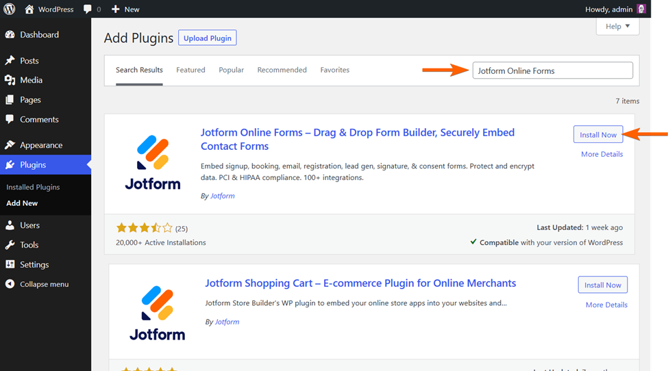 Searching for "Jotform Online Forms" in WordPress Plugins Page and Clicking on Install Now
