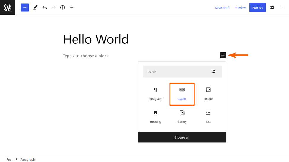 Screenshot of the WordPress Editor, with the Classic Block Option Highlighted