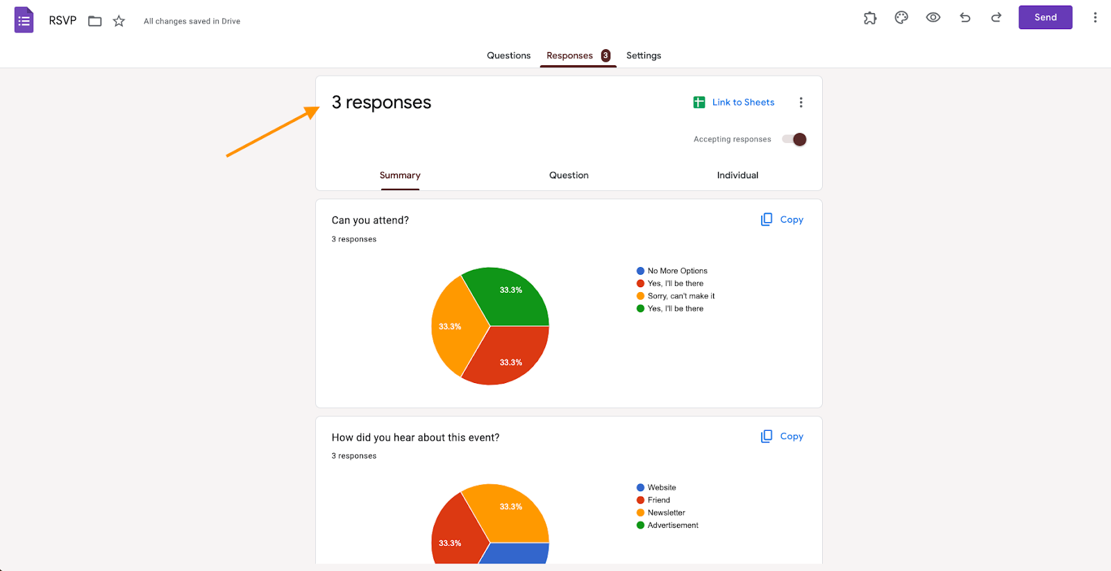 Tangkapan layar dari tab Tanggapan di Google Forms