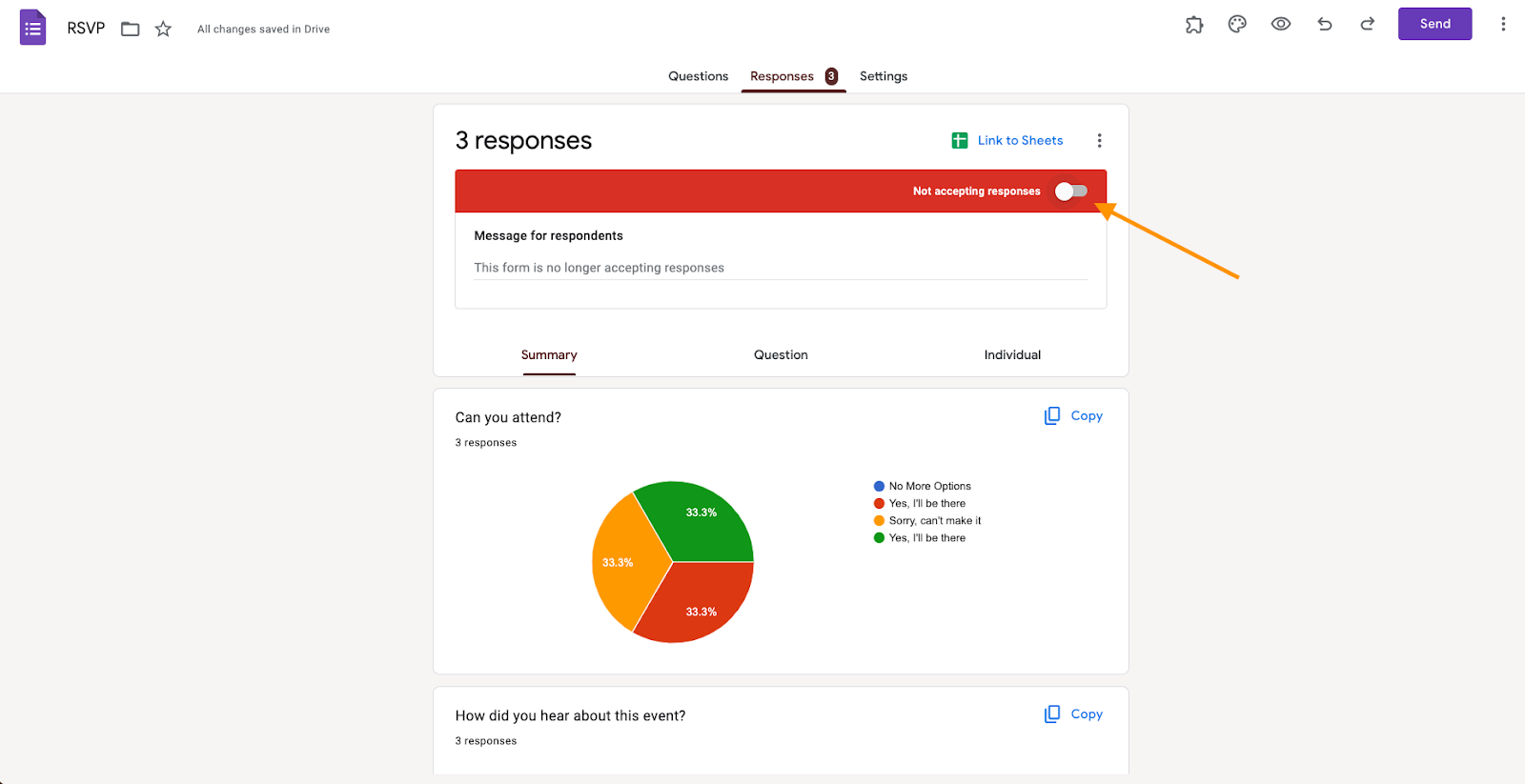 Tangkapan layar dari tab Tanggapan di Google Forms, dengan opsi untuk menerima tanggapan yang dimatikan
