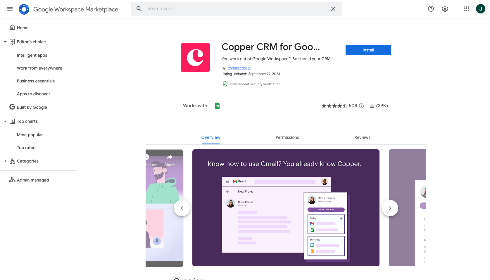 Screenshot of Copper CRM for Google Sheets add-on on the Google Workspace Marketplace