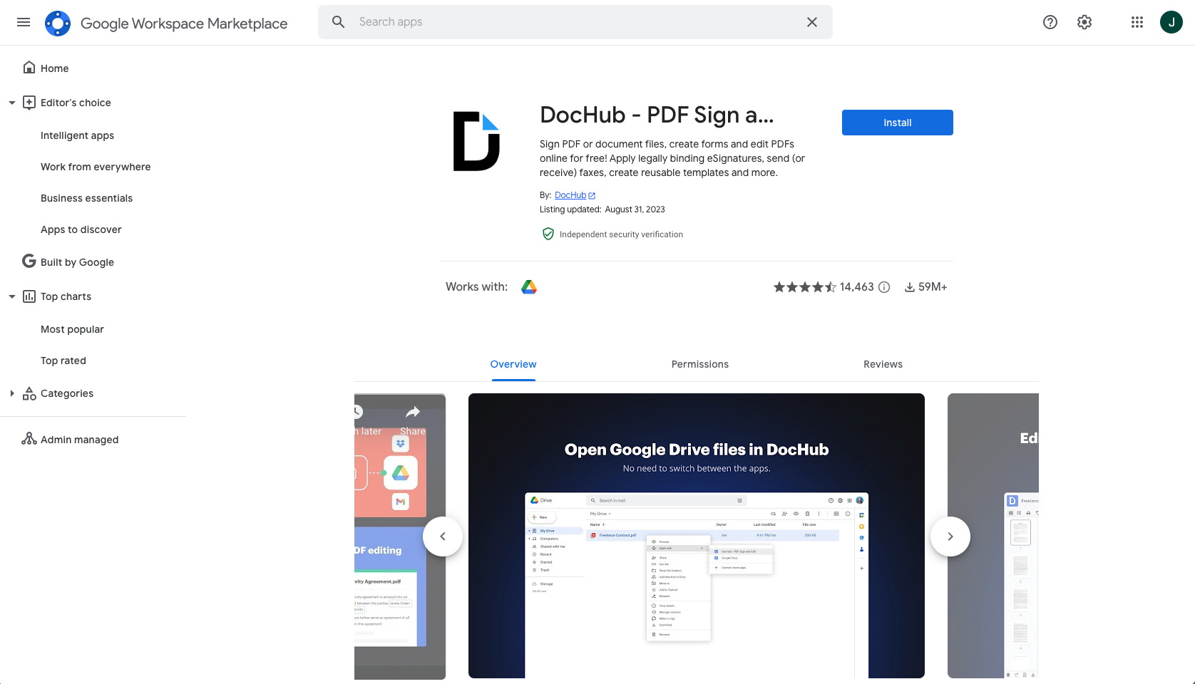 Screenshot of Dochub add-on on the Google Workspace Marketplace