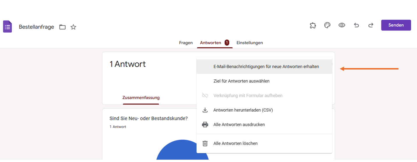 Screenshot des Bestellformulars in Google Formulare Klicken Sie auf E-Mail-Benachrichtigung für neue Antworten erhalten