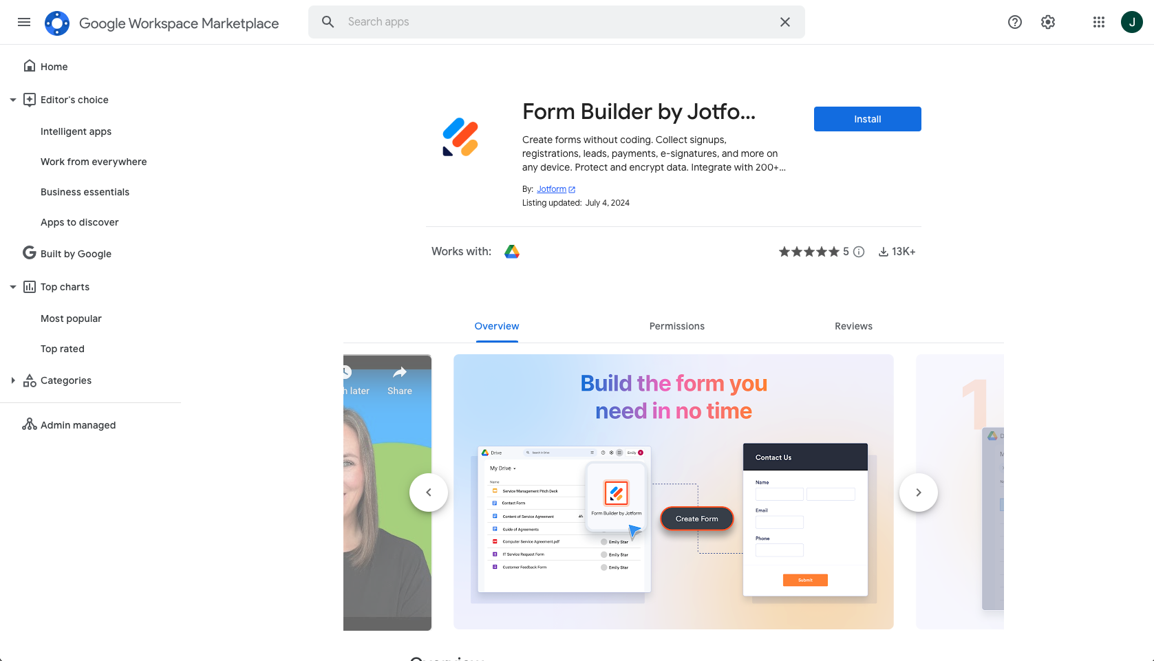Screenshot of Form Builder by Jotform in Google Workspace Markatplace