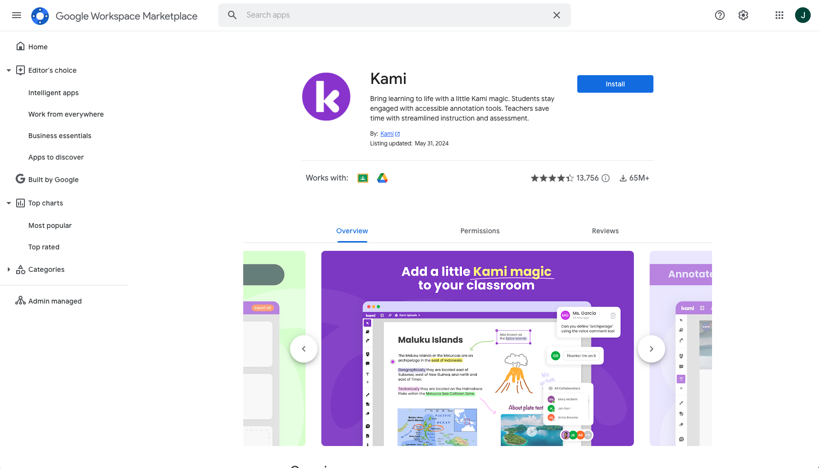 Screenshot of Kami add-on on the Google Workspace Marketplace