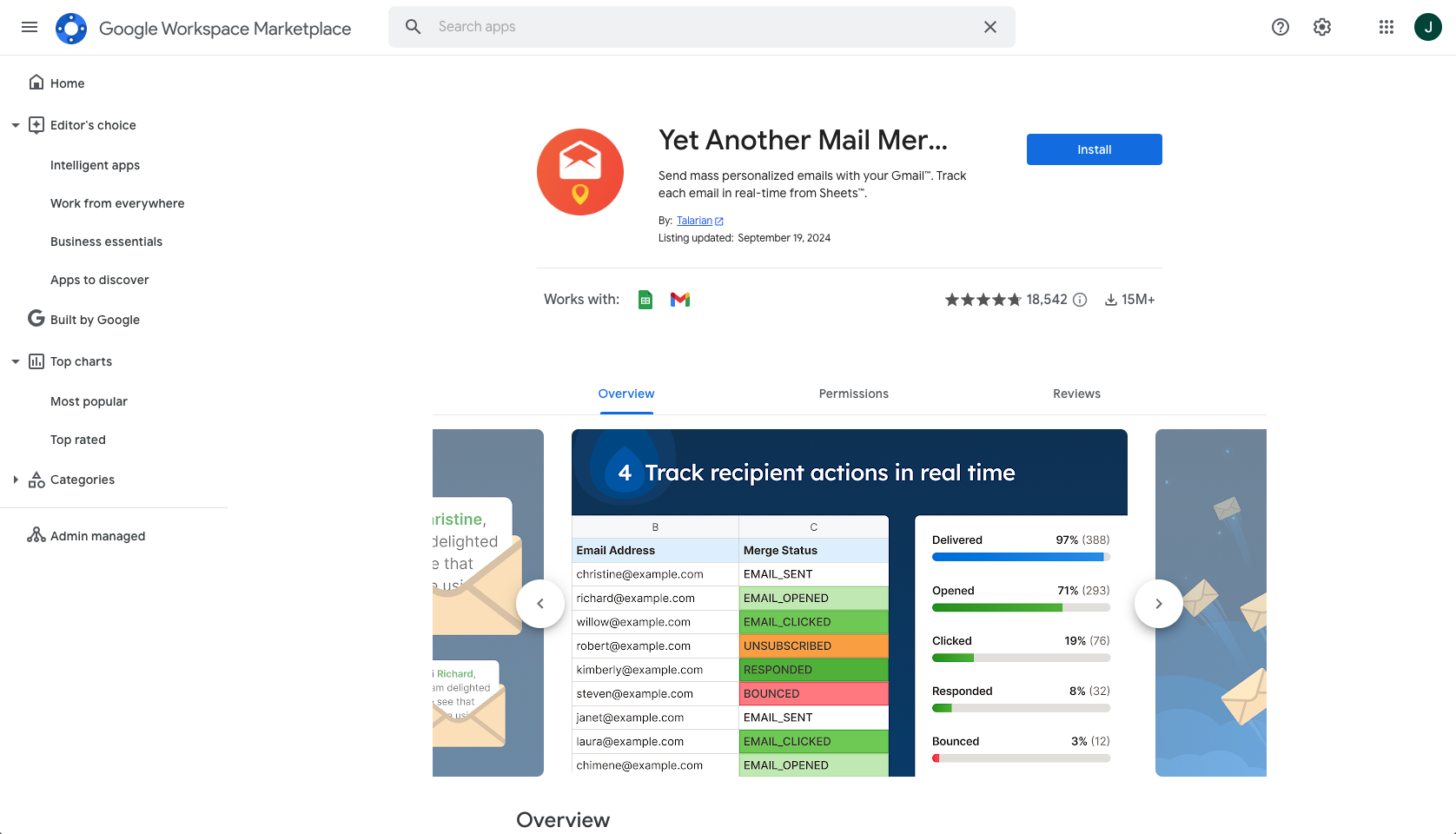 Screenshot of the Yet Another Mail Merge for Gmail add-on in the Google Workspace Marketplace