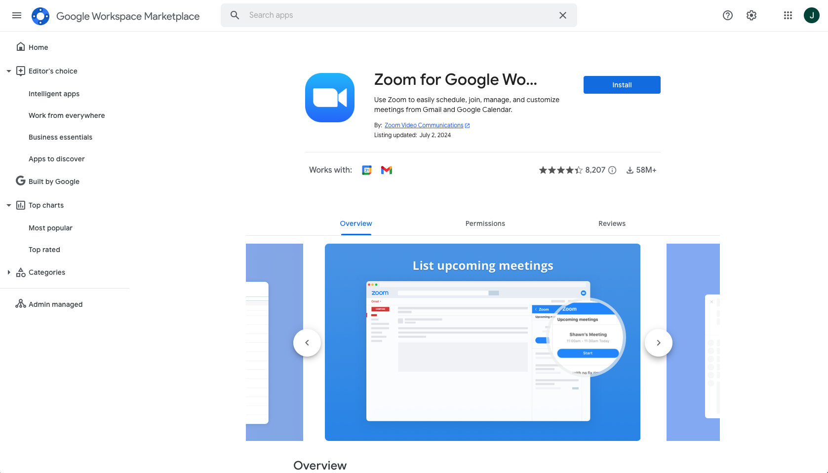 Screenshot of Zoom for Google Workspace app page in the Google Workspace Marketplace