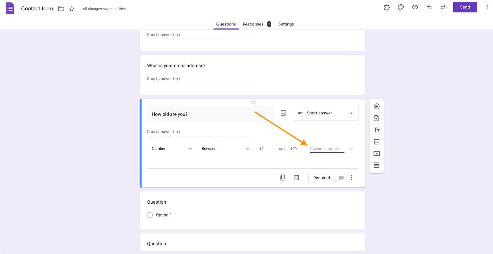 A screenshot of the field for entering custom error text for response validation questions in Google Forms