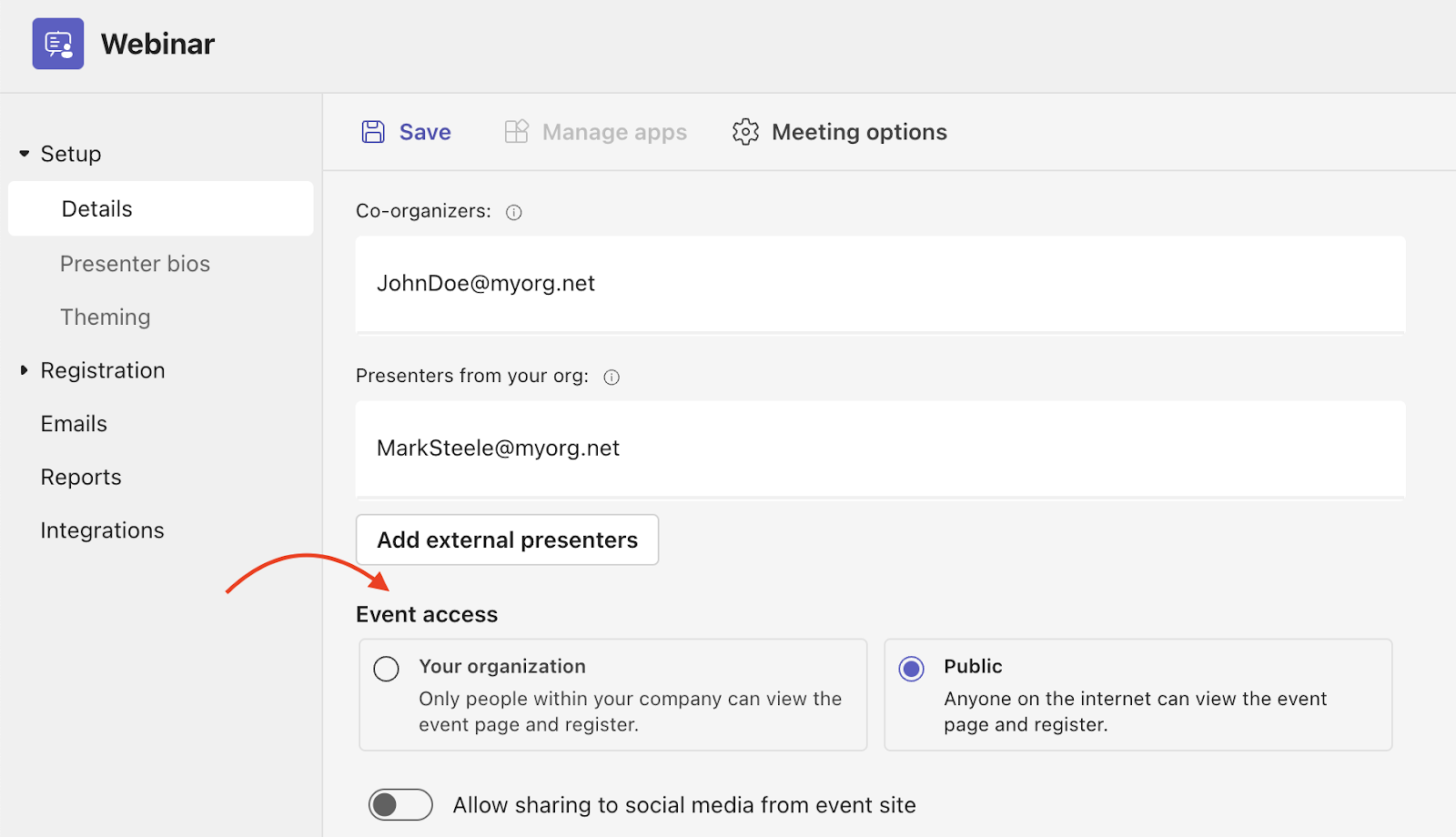 Highlighting the Event Access Section in the Microsoft Teams Webinar Window