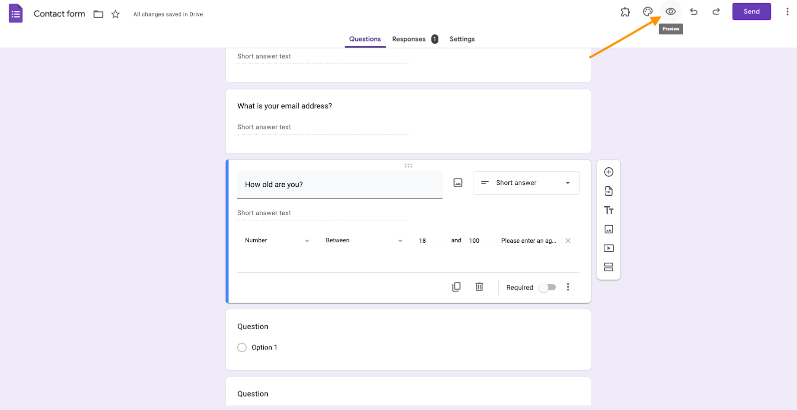 Screenshot of a Google Form builder with an orange arrow pointing to the preview icon 