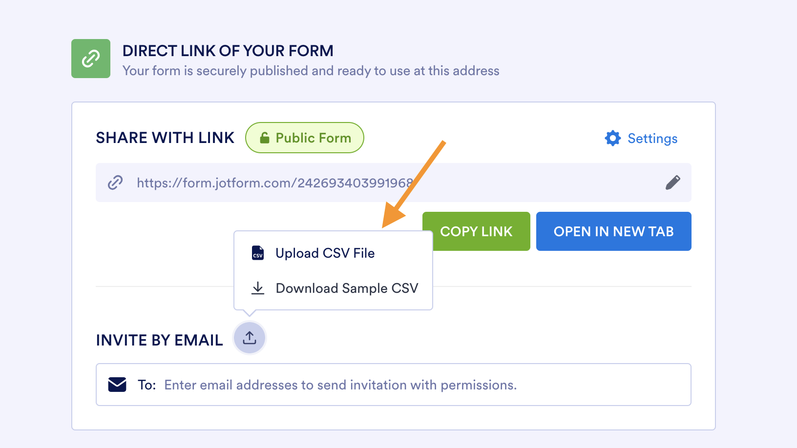 A screenshot of the Jotform form builder displaying the "Invite by Email" section with an option to upload a CSV file for sending invitations
