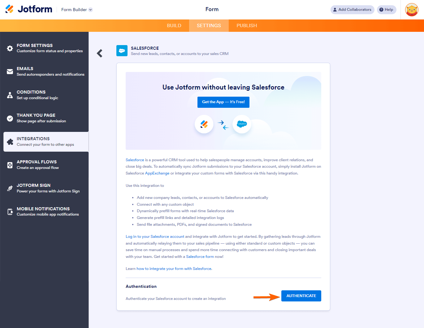 Authenticate button in Salesforce integration settings