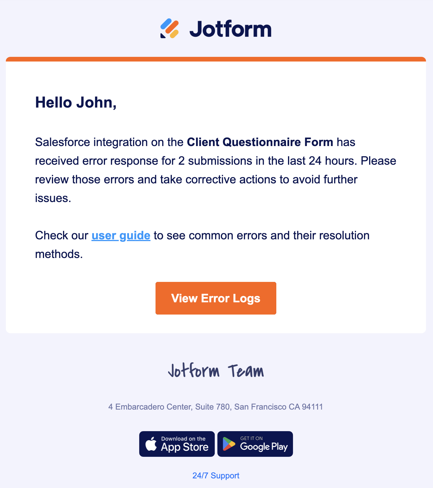 Jotform Notification Email for Salesforce error logs