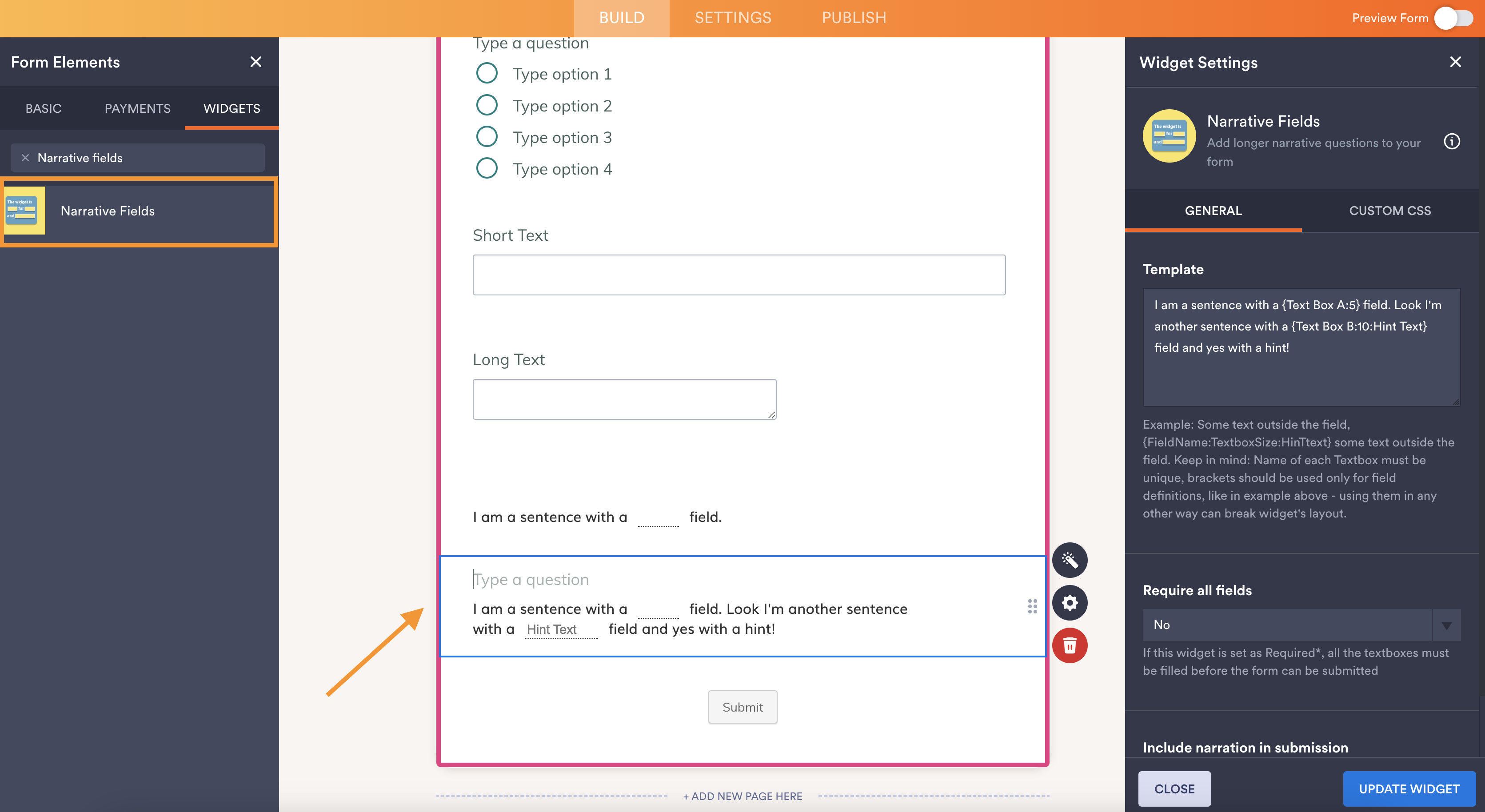 A screenshot of the Jotform form builder displaying the "Narrative Fields" widget, with an arrow pointing to its placement in the form