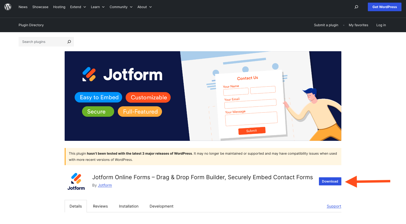 Screenshot of the Jotform Online Forms Plug-in WordPress Clicking on Download Button