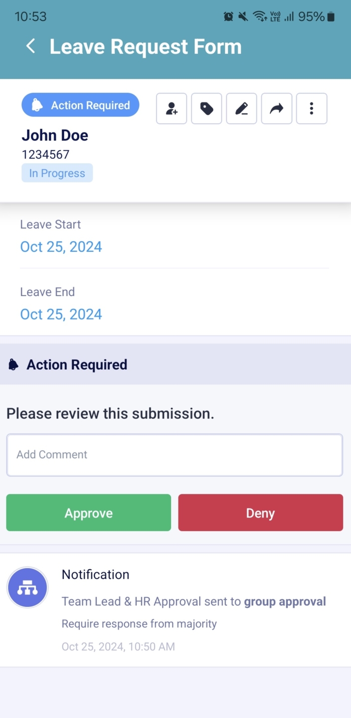 Action Required Window with Approve and Den Options