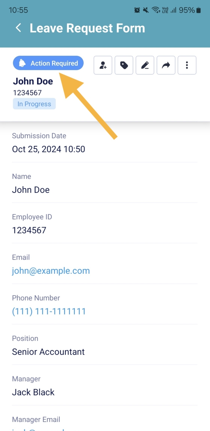 Clicking on the Action Required Button on Jotform Mobile Forms