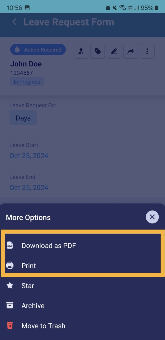 Highlighting the Download as PDF and Print Options Under the More Options