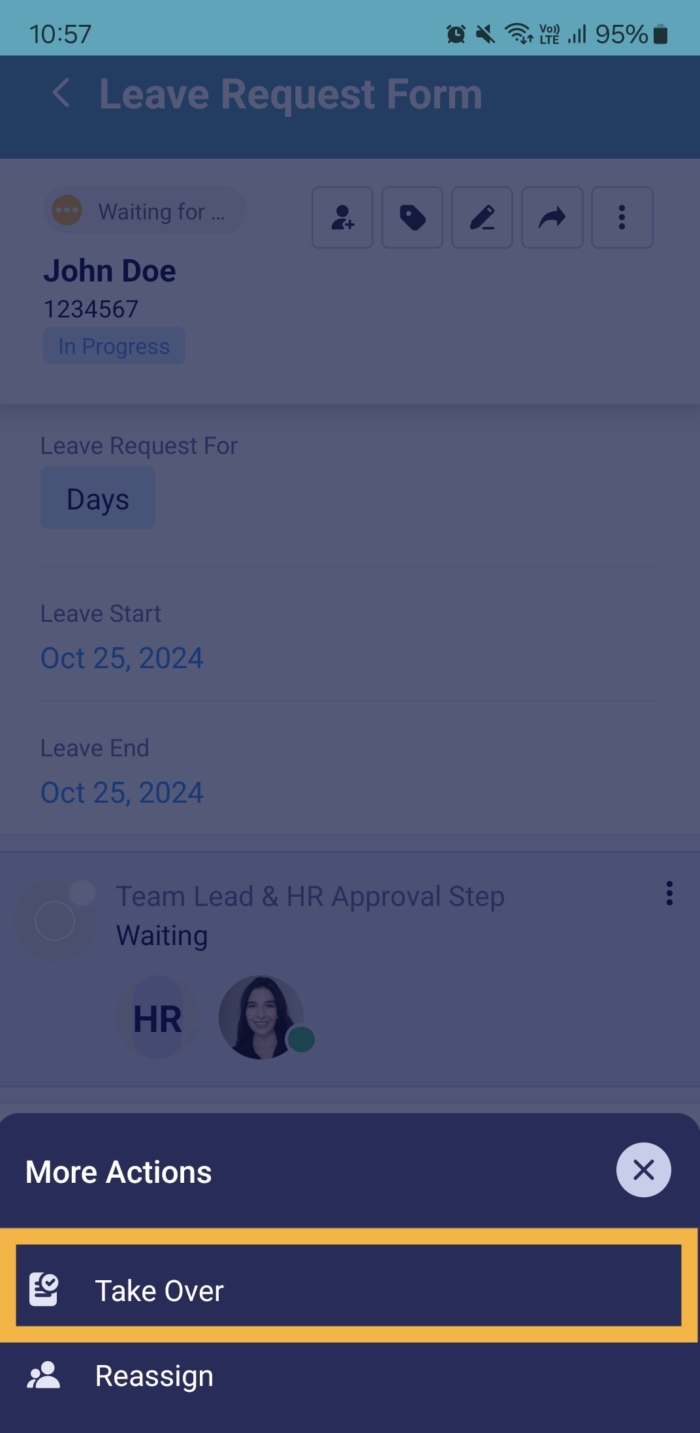 Clicking on the Take Over Button Under More Actions