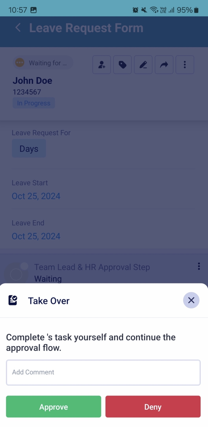 Take Over Window in the Leave Request Form Inbox