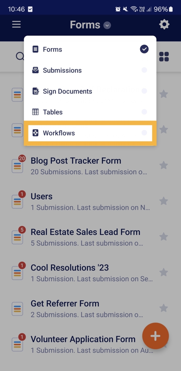 Selecting Workflows From the Dropdown