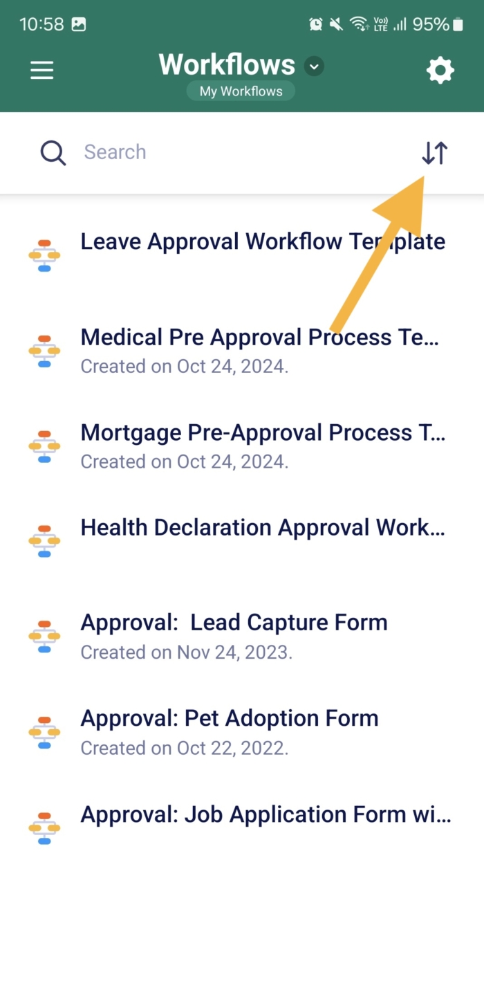 Clicking on the Sort Button on the Workflows Page
