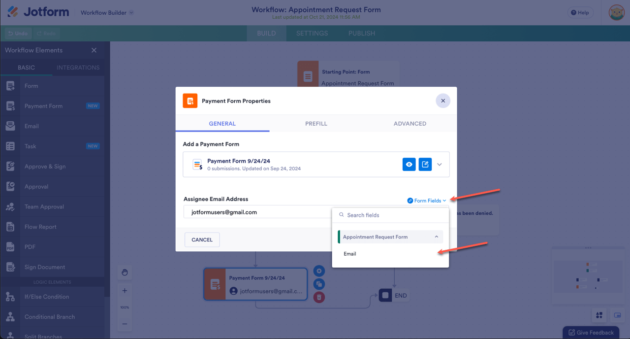 Form Fields and Email option on the Workflow Builder