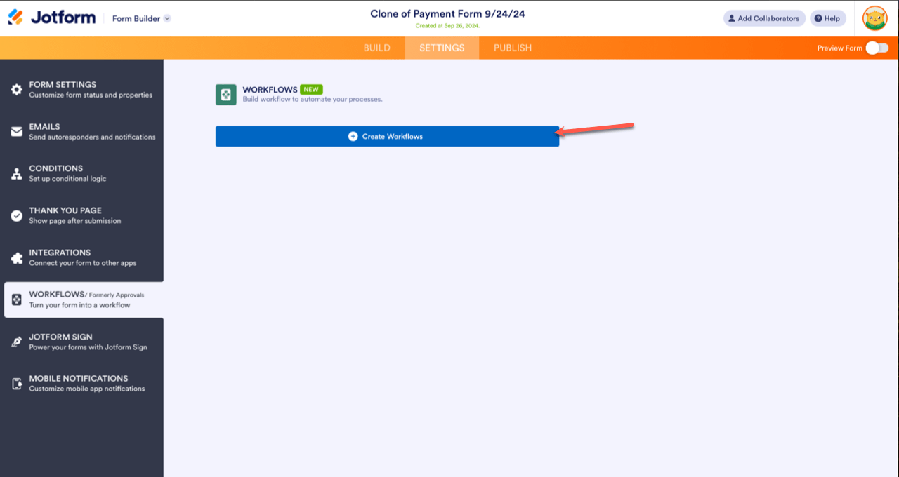 Create Workflows option on the Form Builder