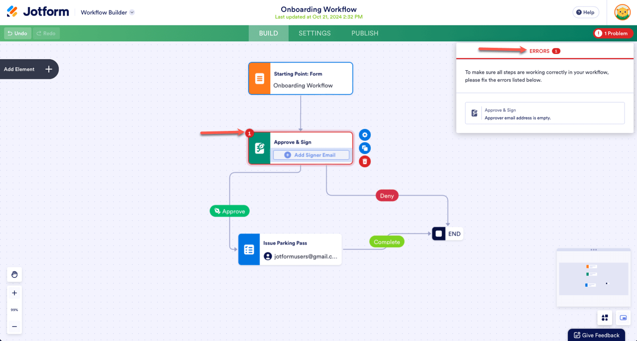 Onboarding workflow showing Approve & Sign fields and error in the field