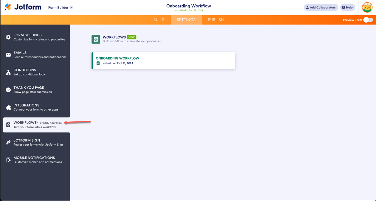Workflows option on the Form Builder