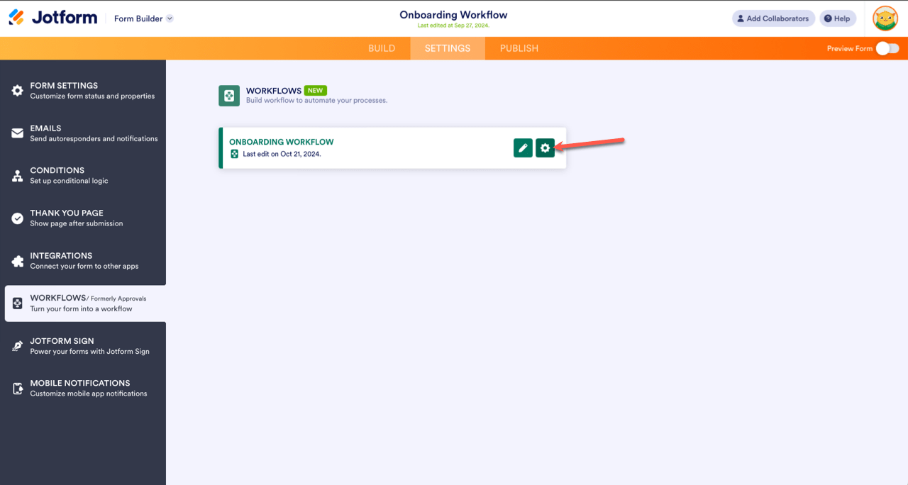 Workflow Settings option on the Form Builder