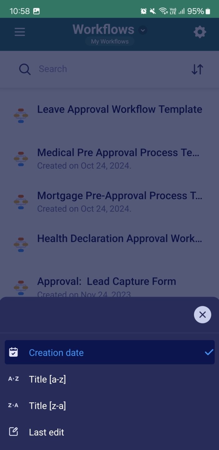 Sort Options on the Workflows Page