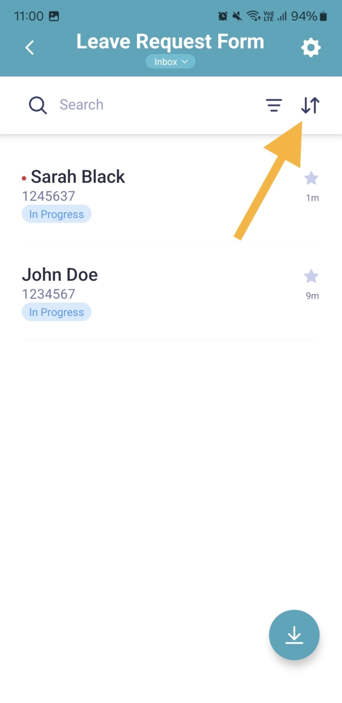 Clicking on the Sort Button on Leave Request Form Inbox