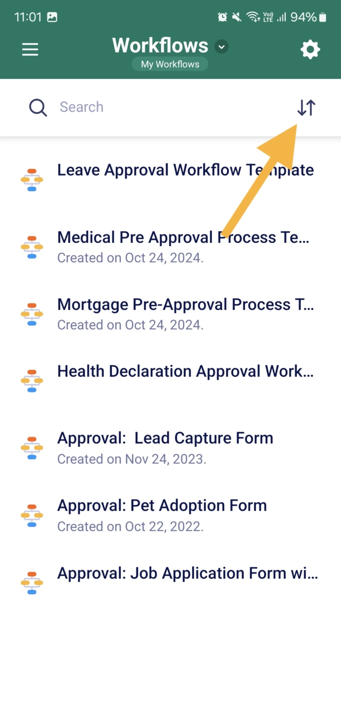 Clicking on the Sort Button on Workflows Page