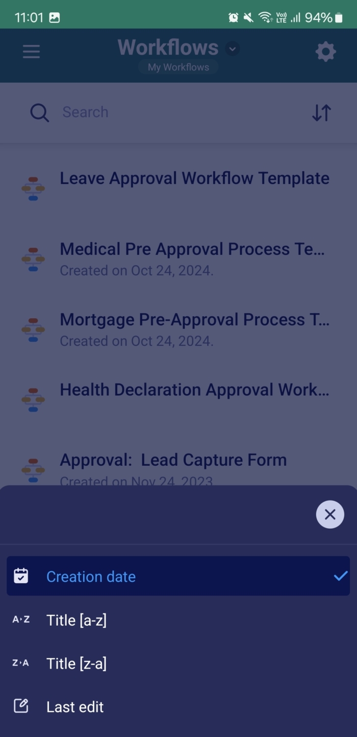 Sort Options on the Workflows Page