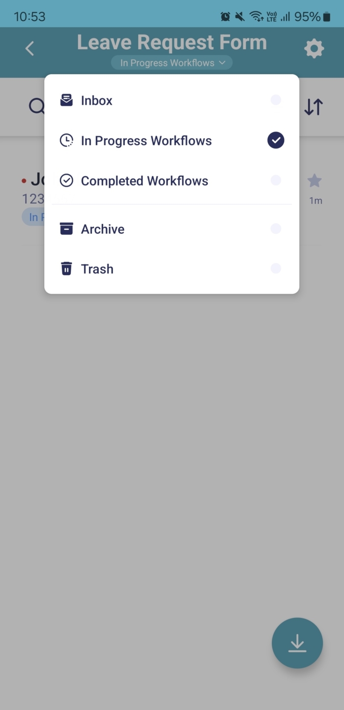 Options Under the Inbox Dropdown In Progress Workflows is Selected