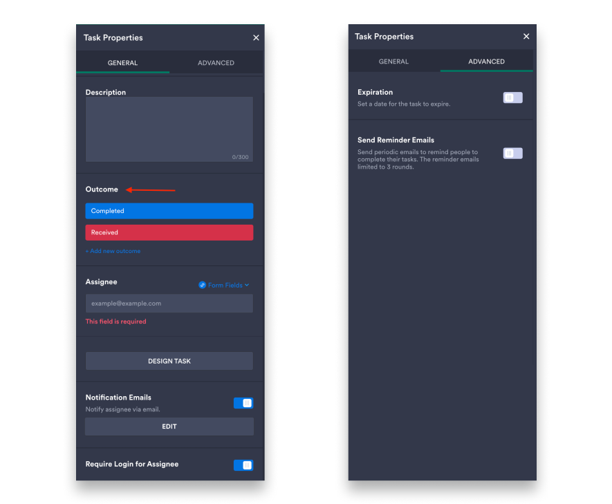 General and Advanced Tab of Task Properties