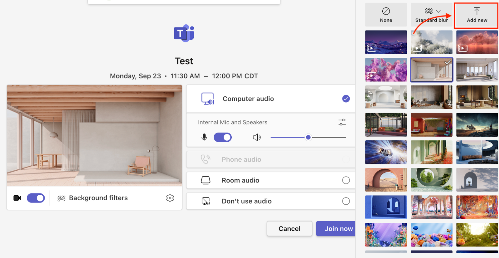 Clicking on the "Add New" Button in Microsoft Teams Background Options