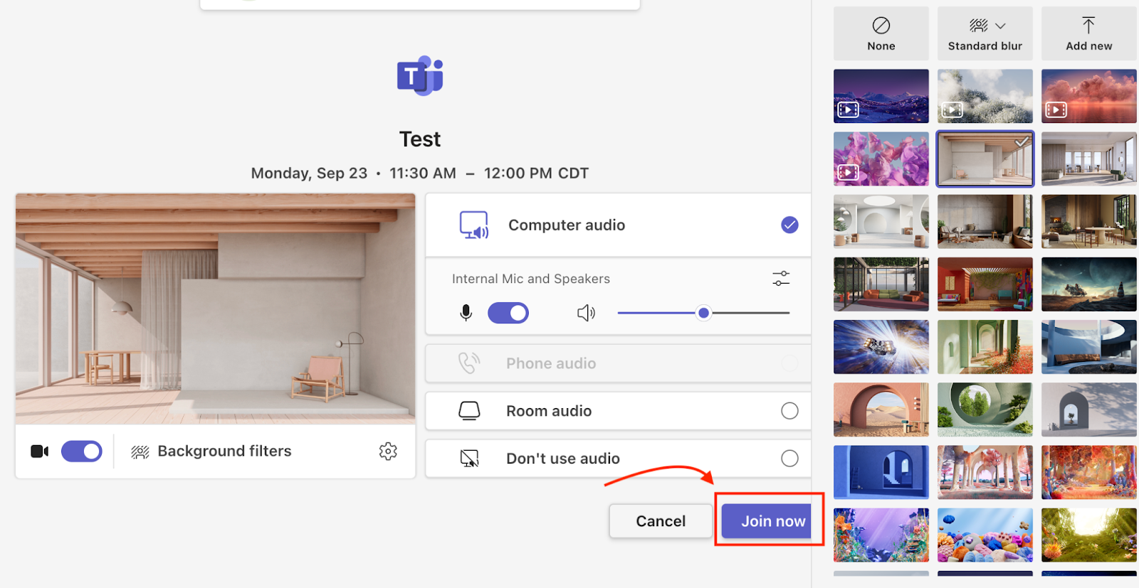 Clicking on the "Join Now" button on Microsoft Teams