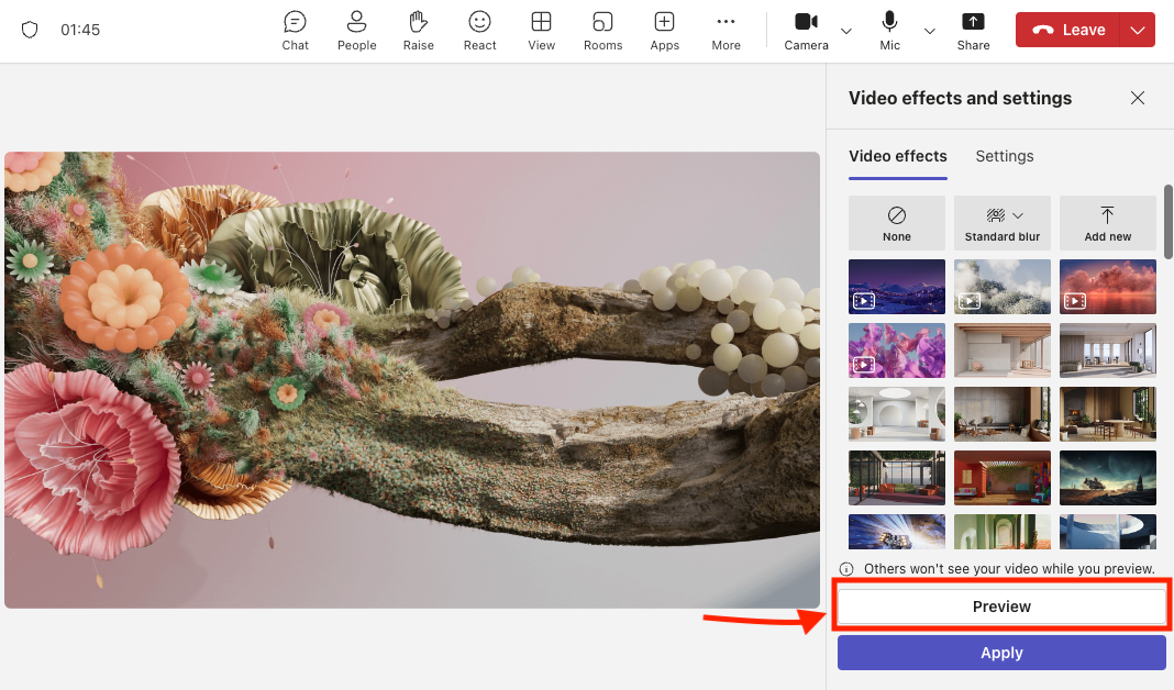 Clicking on the Preview Button on the Video Effects and Settings Panel on Microsoft Teams