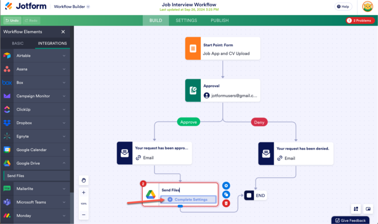Clicking on the Complete Settings Button Under Google Drive Send Files Element