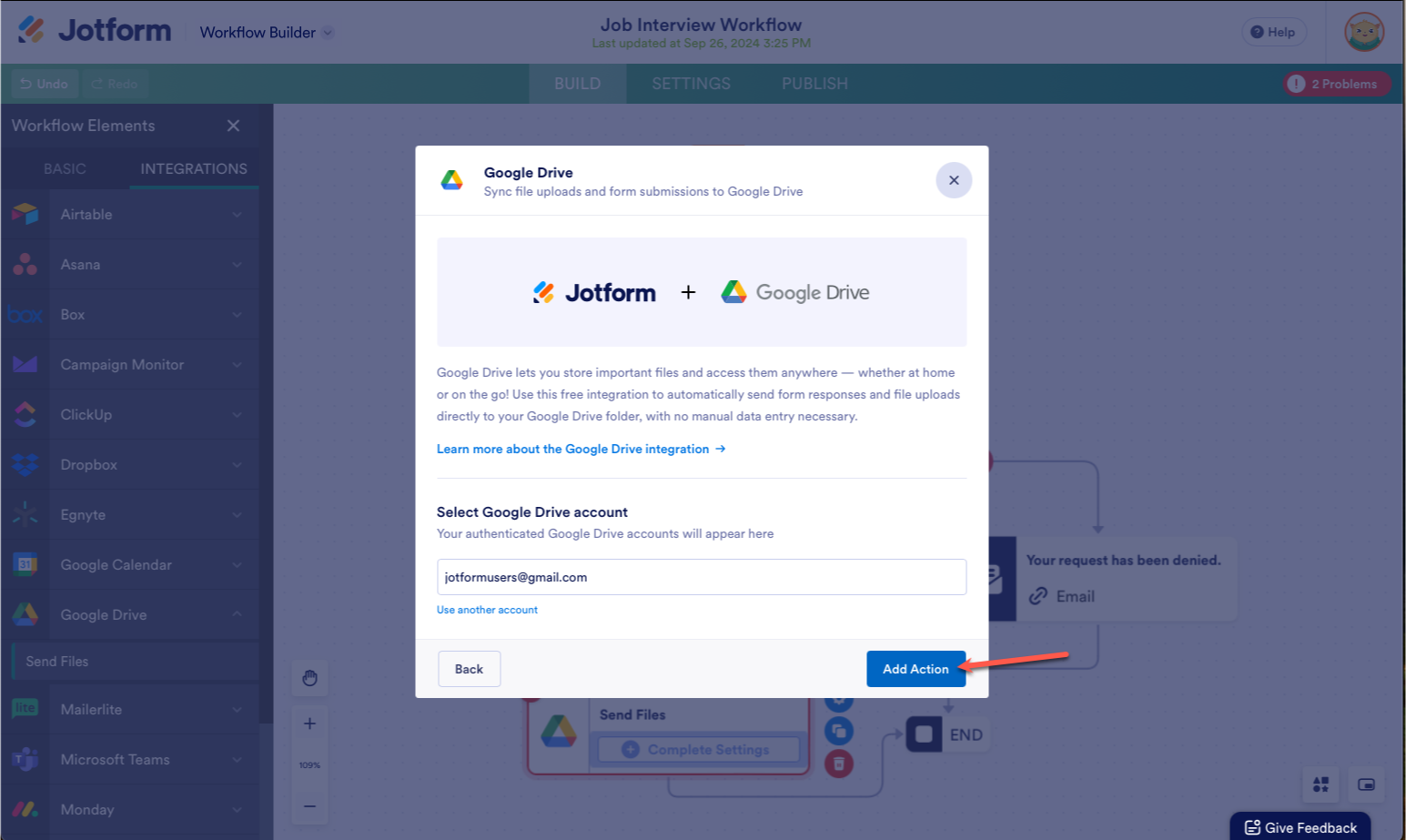 Clicking on the Add Action Button on Google Drive Integration Window