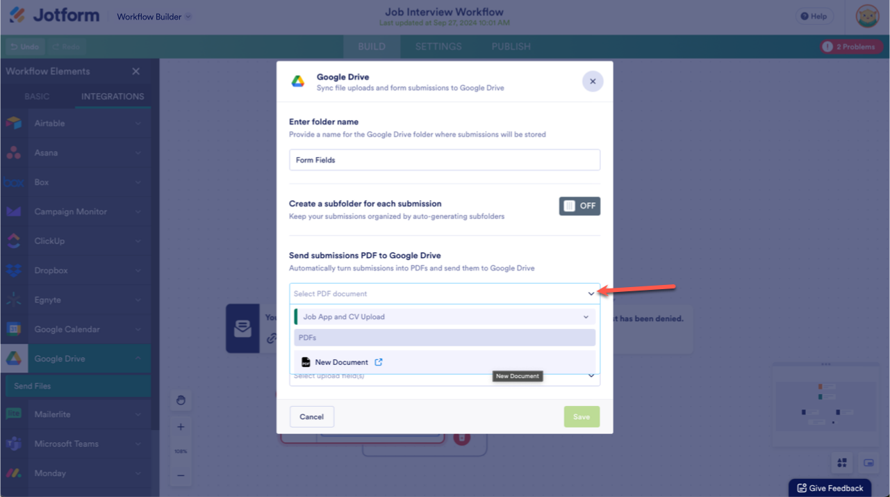 Selecting the PDF Document in the Google Drive Integration Window