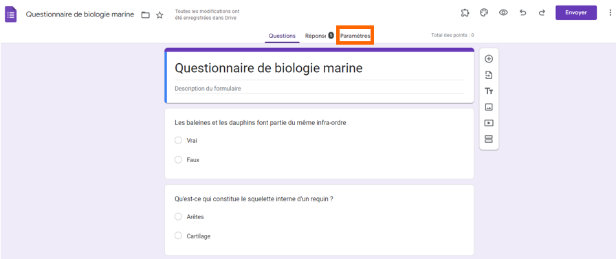 Capture d'écran d'un questionnaire de biologie marine dans le générateur de formulaires Google Forms